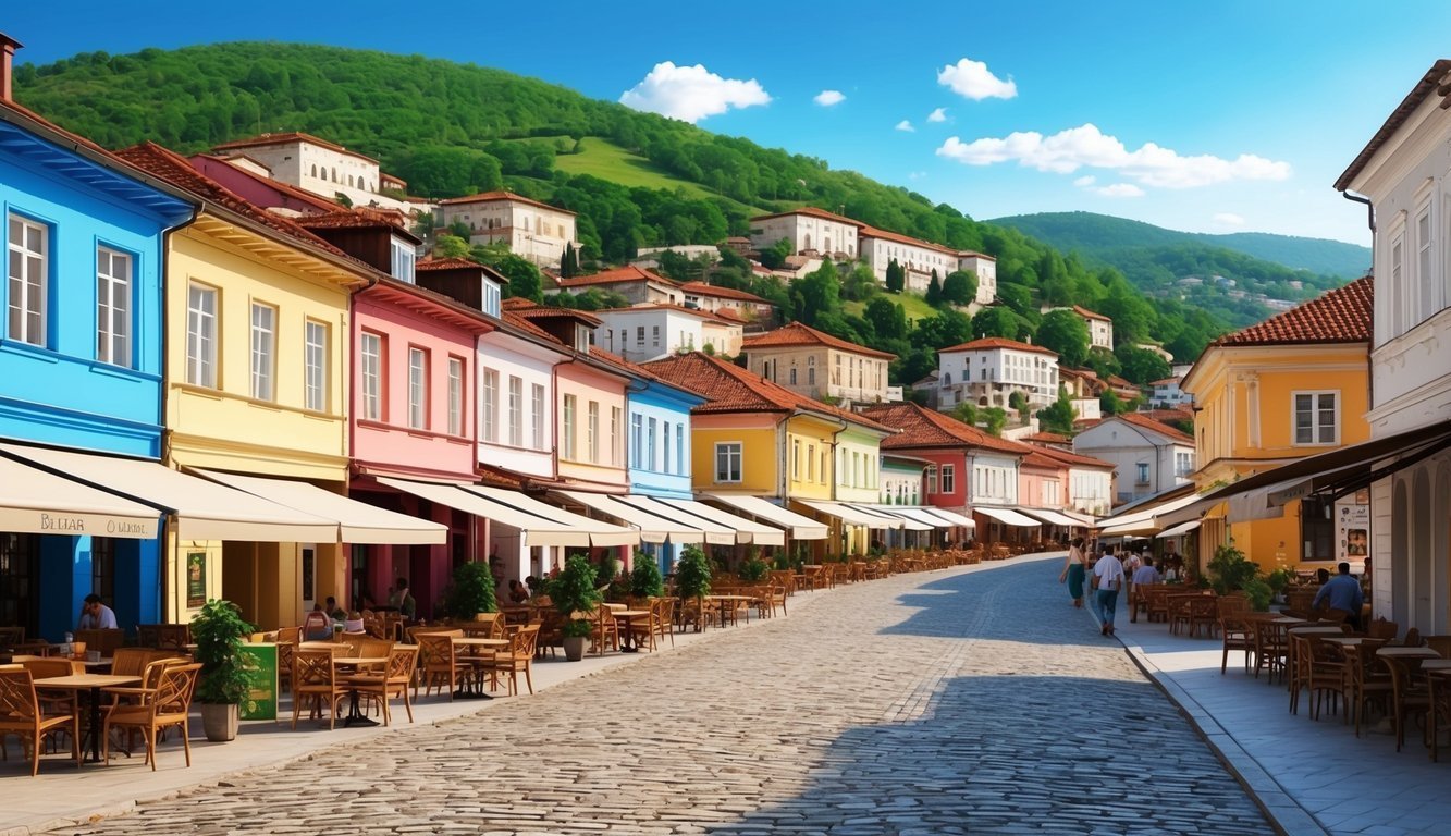 Colorful buildings line a cobblestone street with restaurants and a green hillside