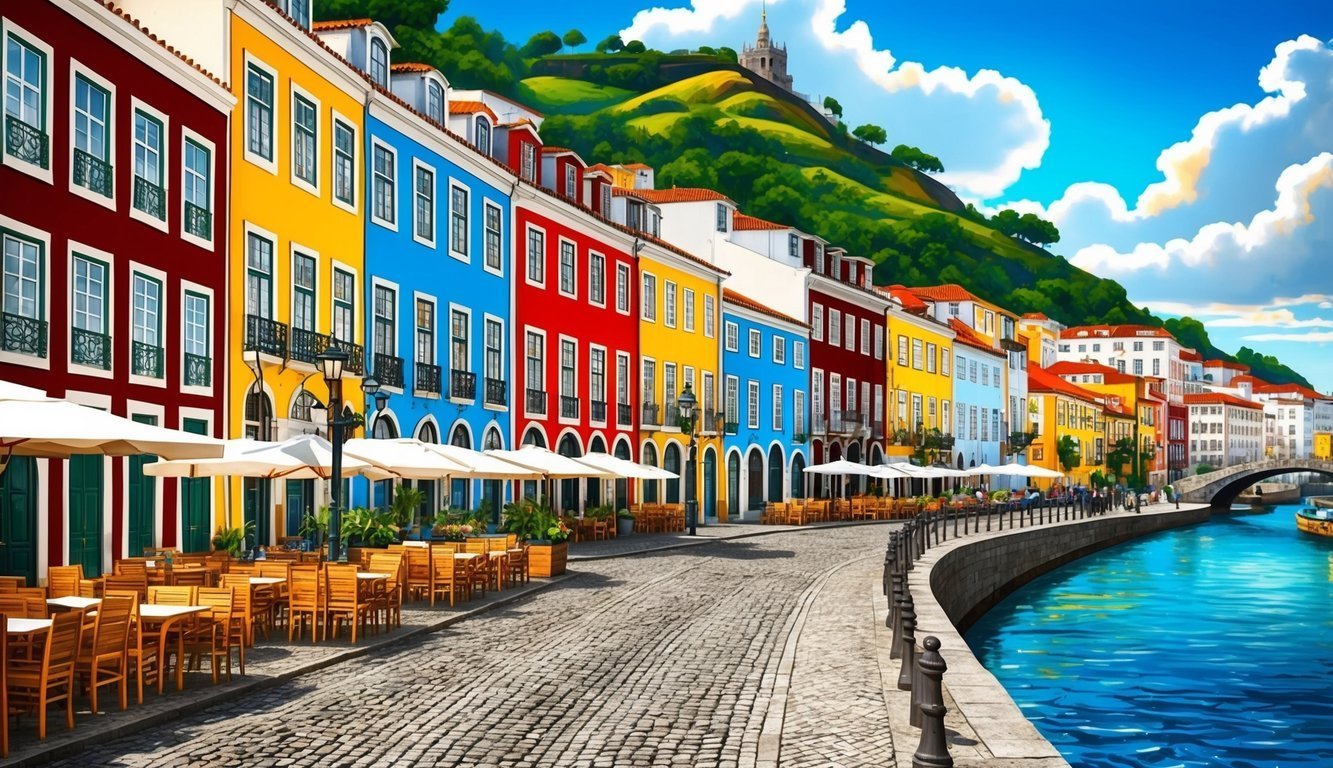 Colorful buildings line a cobblestone street next to a river