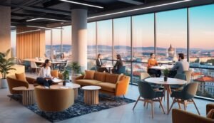 Modern office interior with people working and city view through windows