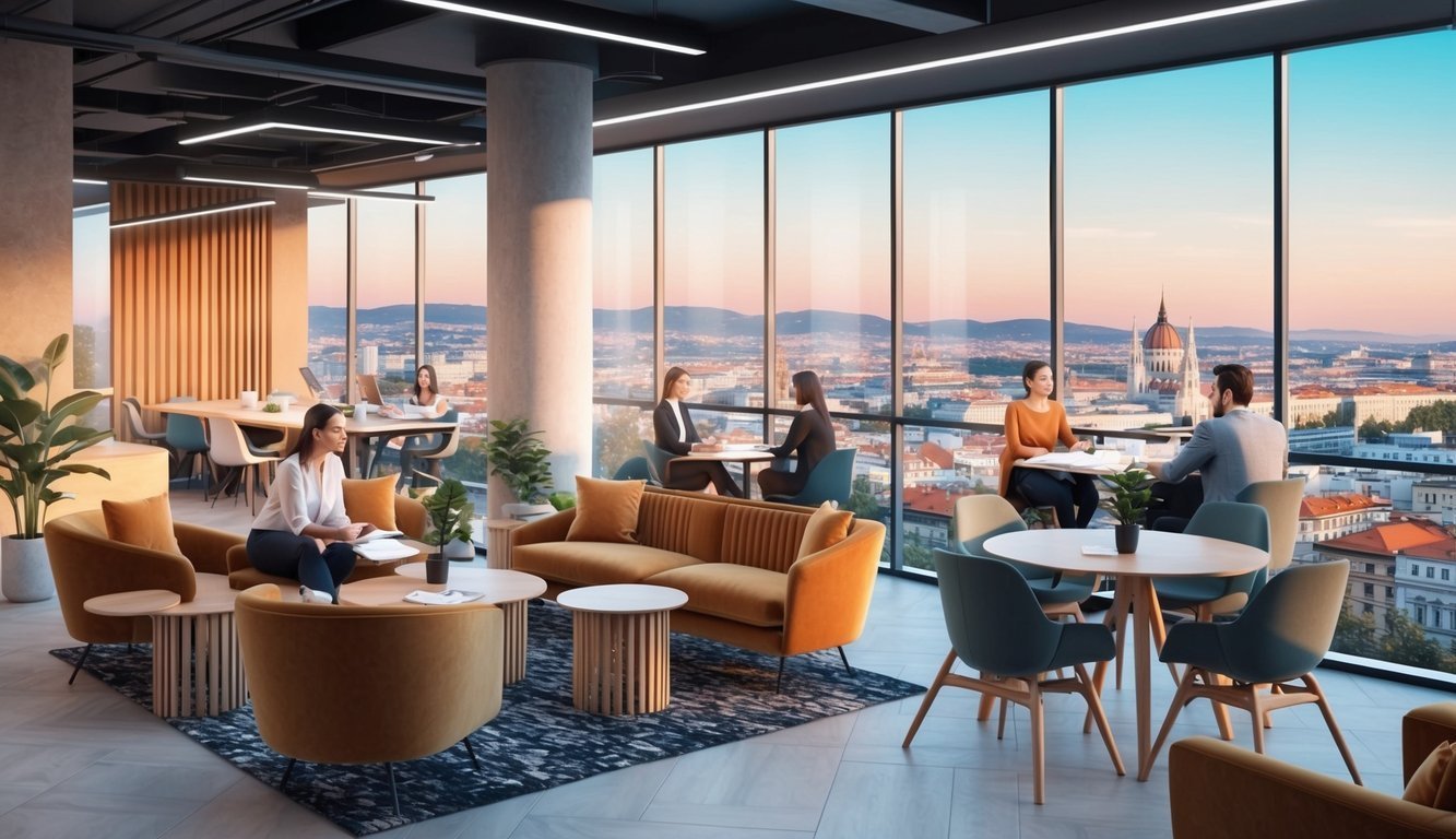 Modern office interior with people working and city view through windows