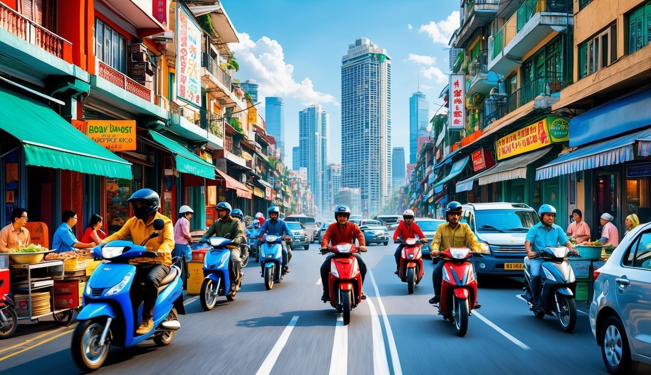 Motorbikes on a busy city street with tall buildings in the background