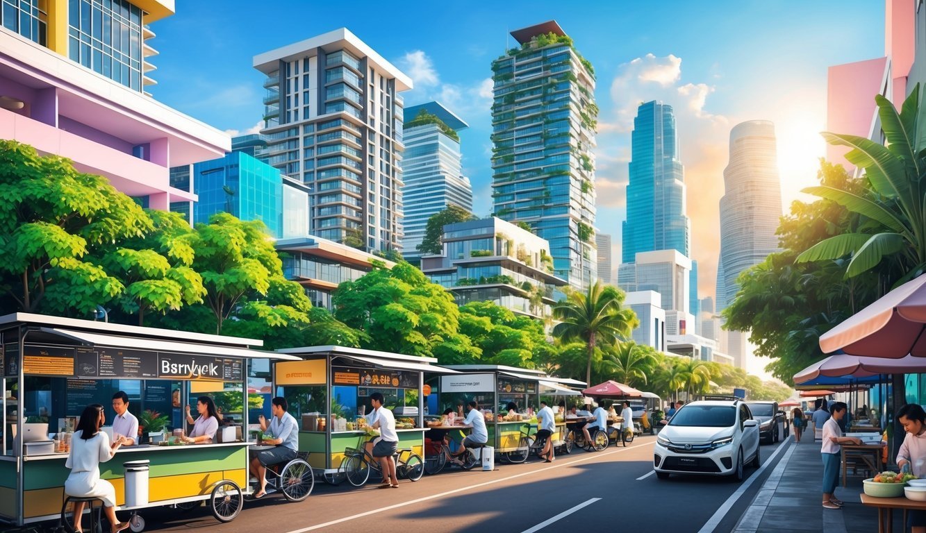 Street food vendors line a city street with modern skyscrapers in the background