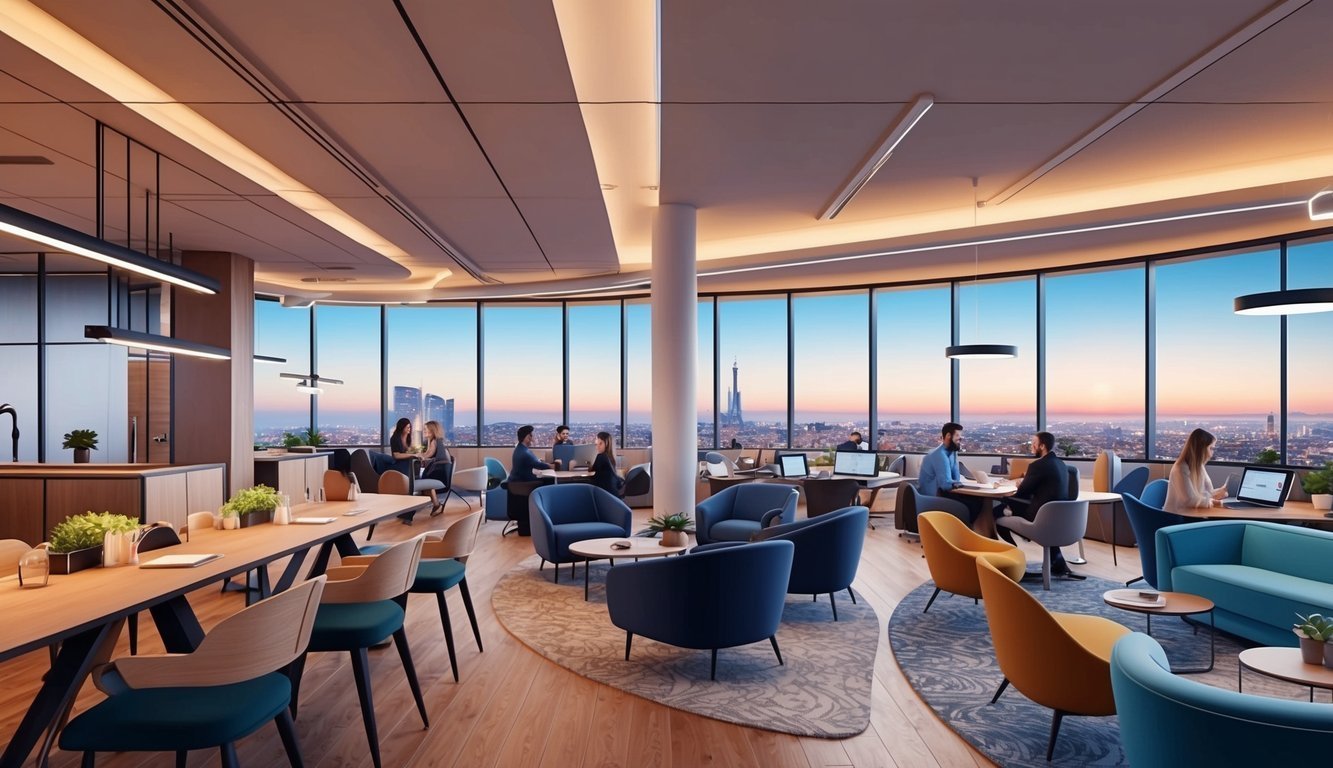 Modern office space with city views, people working, and stylish furniture