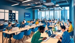 People working on laptops in a modern office with city view