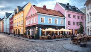 Colorful buildings with outdoor cafe seating on a cobblestone street