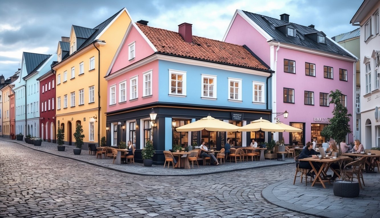 Colorful buildings with outdoor cafe seating on a cobblestone street