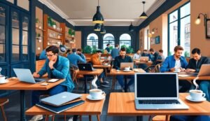 People working on laptops in a cafe, with coffee cups on tables