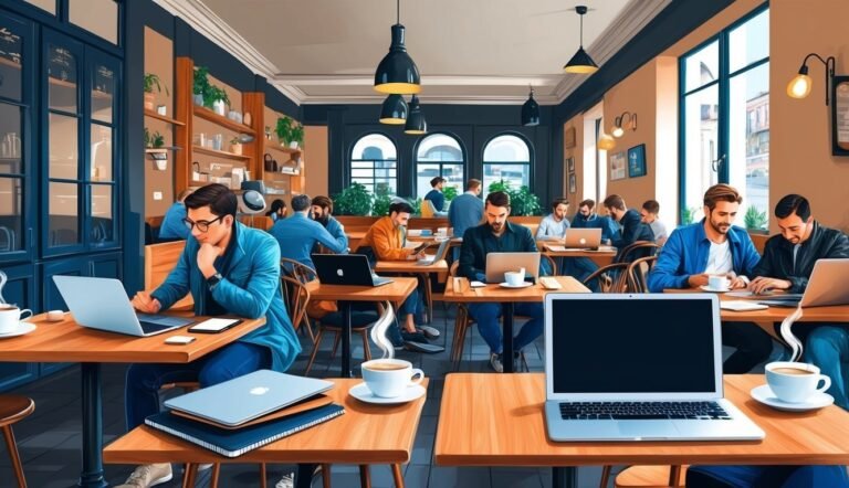People working on laptops in a cafe, with coffee cups on tables