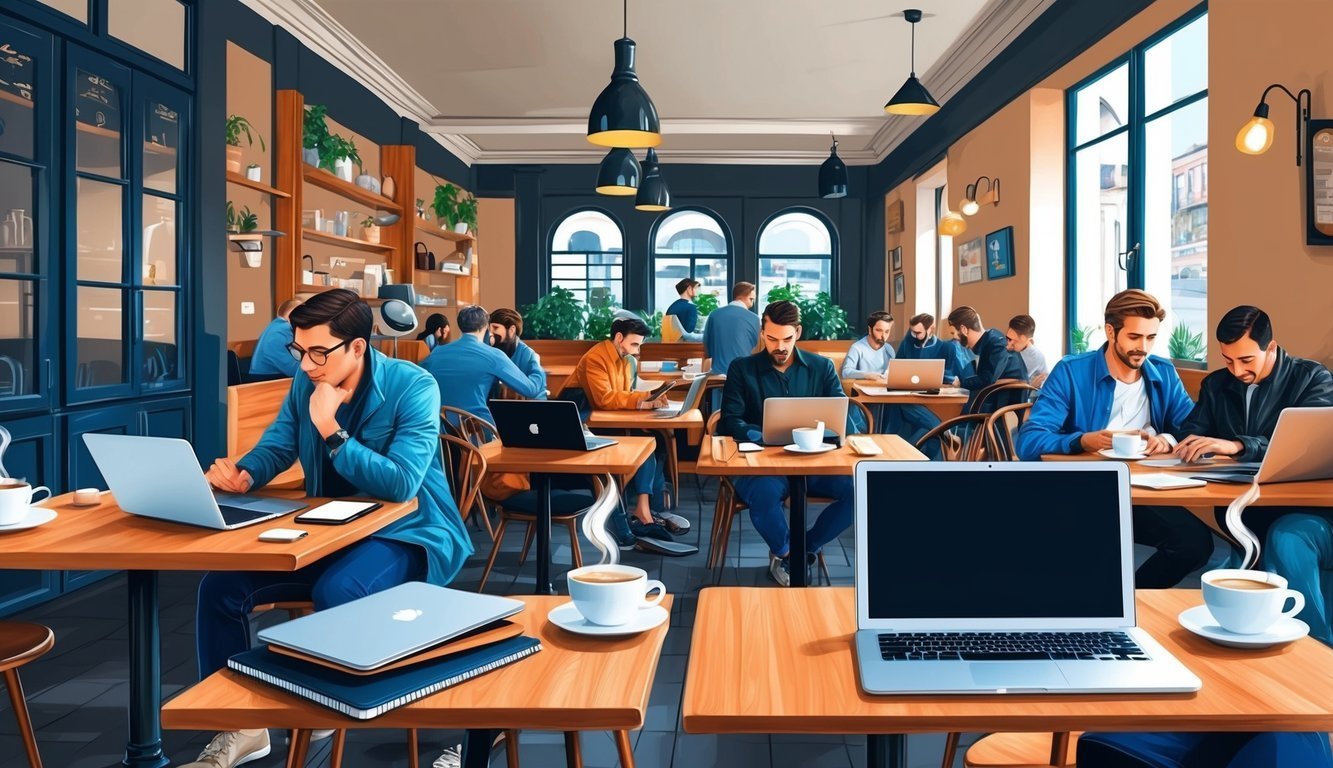 People working on laptops in a cafe, with coffee cups on tables