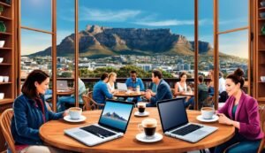 People working on laptops at a cafe with a mountain view