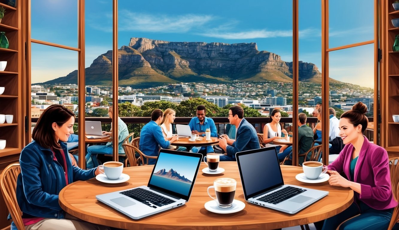 People working on laptops at a cafe with a mountain view