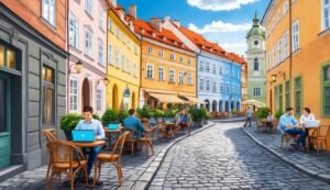 People working on laptops at outdoor cafes in a colorful European street