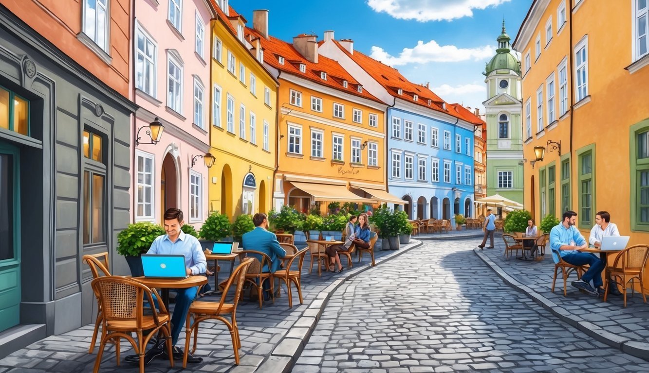People working on laptops at outdoor cafes in a colorful European street