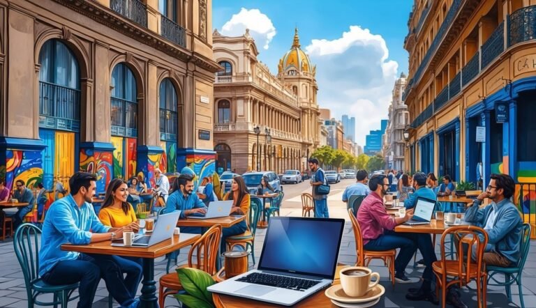 People working on laptops at outdoor cafe tables in a city street