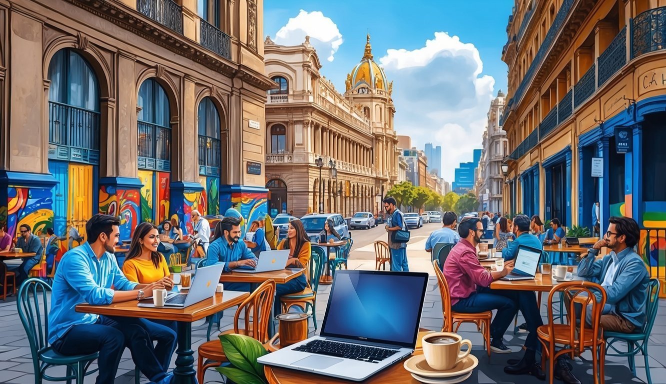People working on laptops at outdoor cafe tables in a city street
