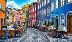 Colorful street scene with people working on laptops at outdoor cafes