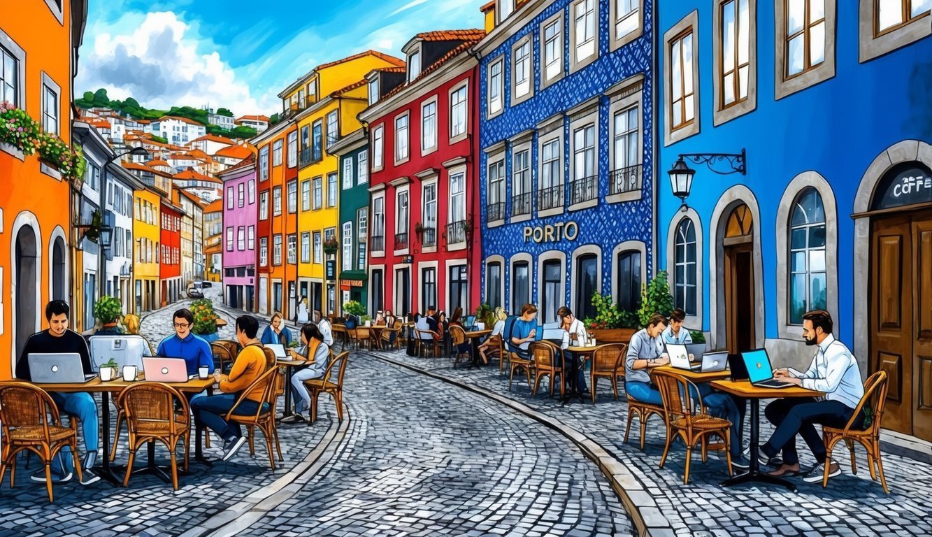 Colorful street scene with people working on laptops at outdoor cafes