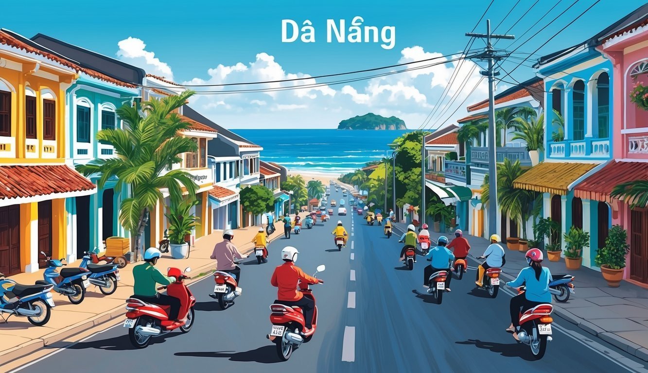 Street scene in Da Nang, Vietnam, with colorful buildings and scooters
