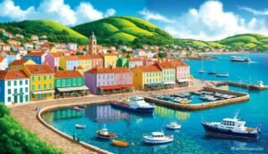 Colorful coastal town with boats in the harbor and green hills in the background