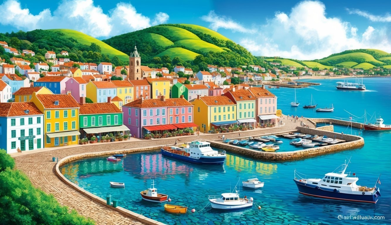 Colorful coastal town with boats in the harbor and green hills in the background