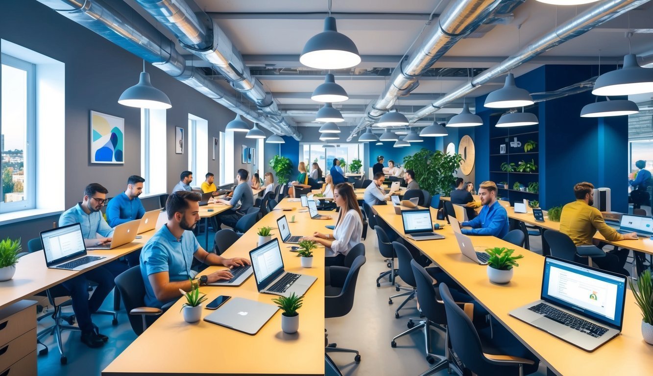 Modern office space with people working on laptops at long desks