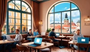People working on laptops in a cafe with a city view