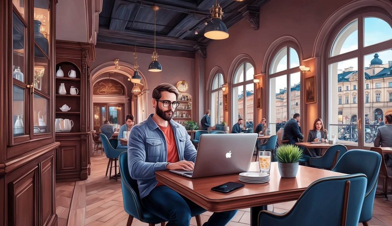 Man with glasses working on laptop in a cafe, other people around