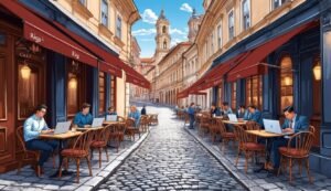 European street scene with cafes, people working on laptops, and cobblestone road