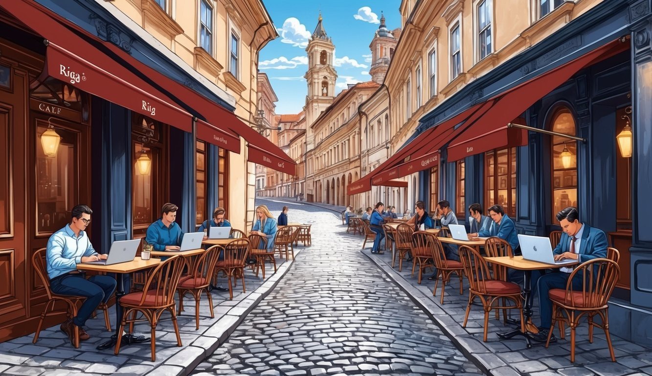 European street scene with cafes, people working on laptops, and cobblestone road