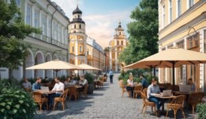 People working on laptops at outdoor cafe with historic buildings