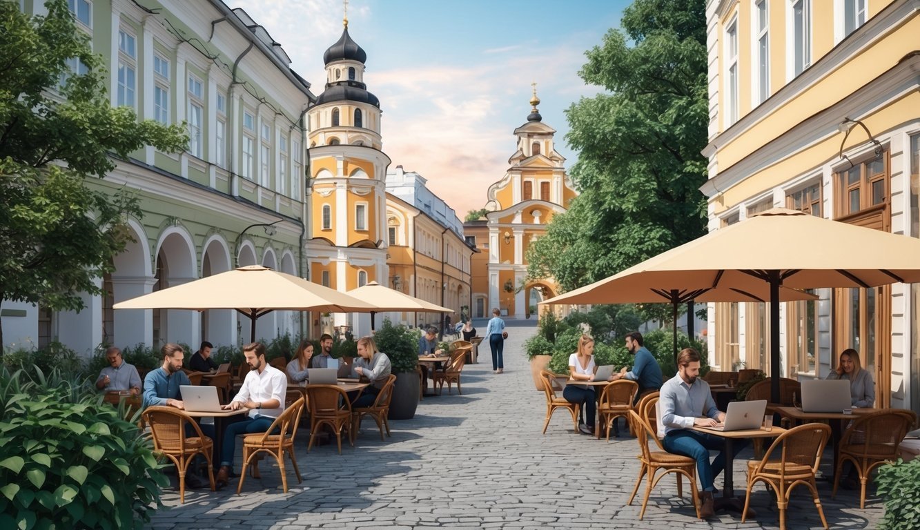 People working on laptops at outdoor cafe with historic buildings