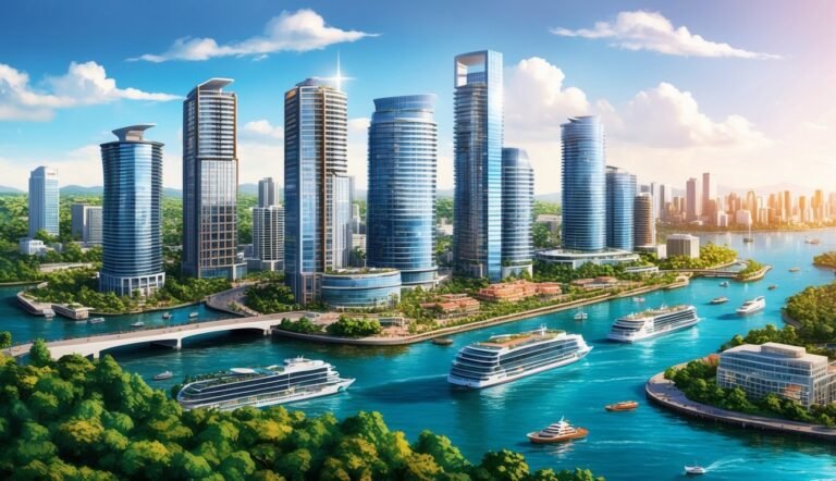 Cityscape with modern skyscrapers, cruise ships, and a river under a blue sky