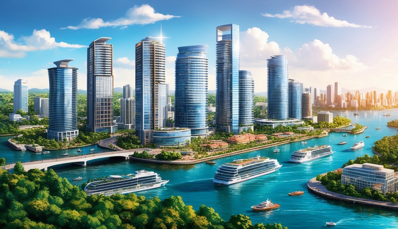 Cityscape with modern skyscrapers, cruise ships, and a river under a blue sky