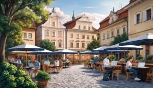 Outdoor cafe with people working on laptops, historic buildings in background