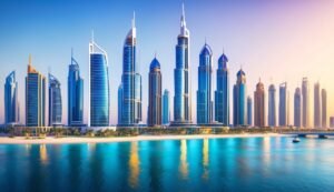 Modern skyscrapers line a beach with turquoise water under a blue sky