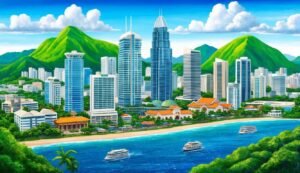 Cityscape with skyscrapers, beach, boats, and green mountains under a blue sky