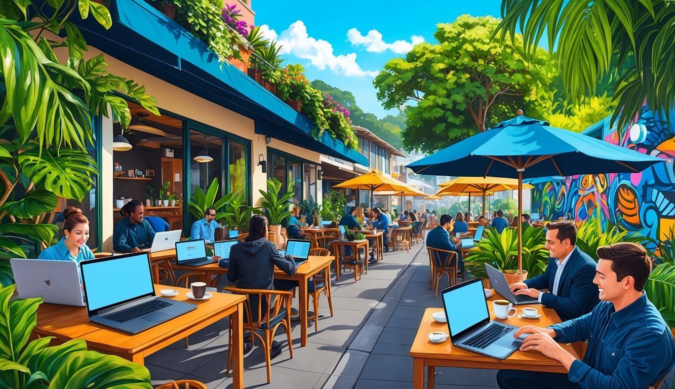 People working on laptops at an outdoor cafe with umbrellas and plants
