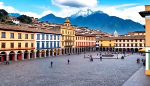 Colorful buildings surround a cobblestone plaza with mountains in the background