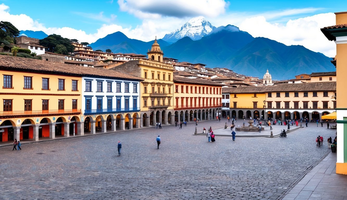 Colorful buildings surround a cobblestone plaza with mountains in the background