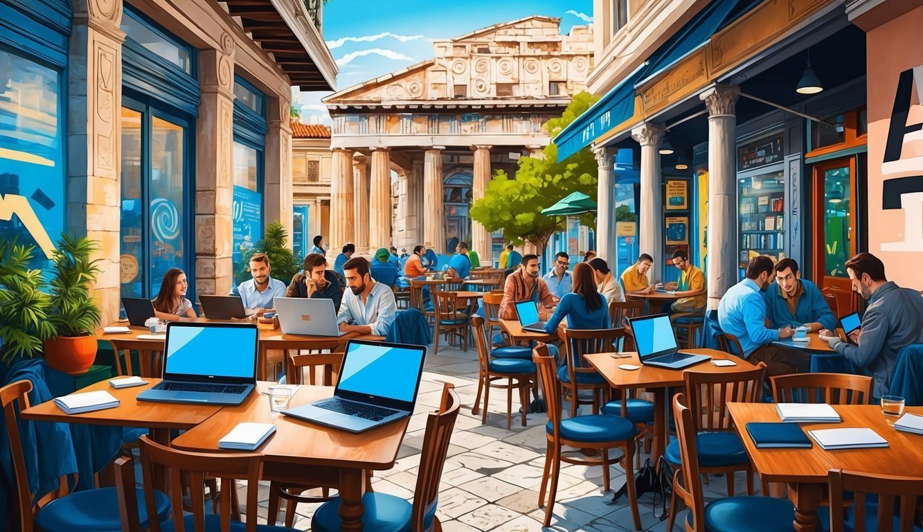 People working on laptops at outdoor cafe with classical architecture