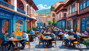 People working on laptops at outdoor cafes in a colorful city
