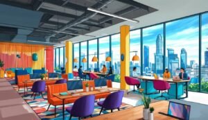 Modern office interior with people working, city view through large windows