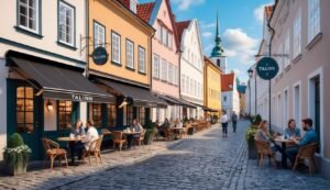 Cobblestone street with cafes, colorful buildings, and people enjoying the day