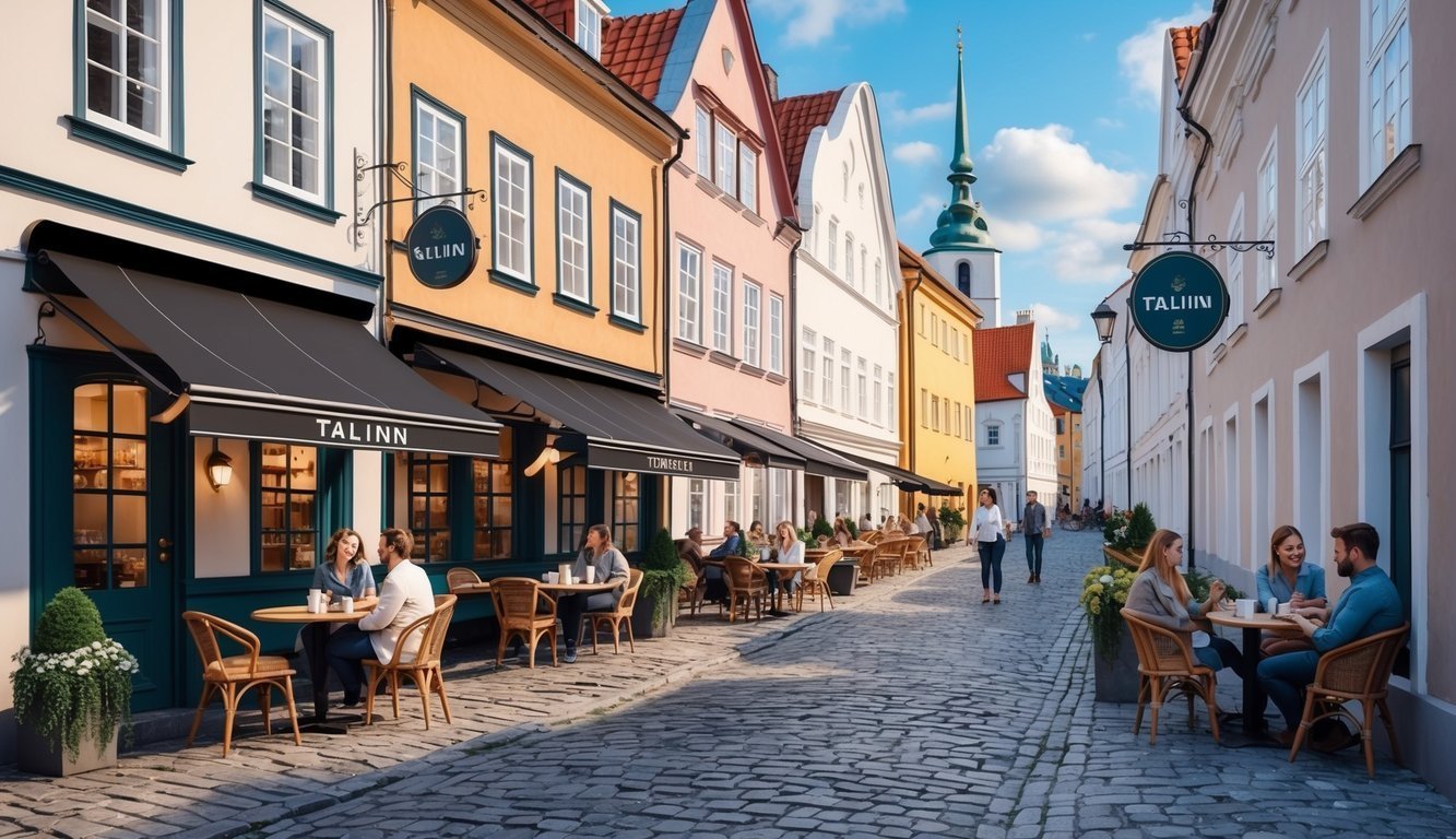 Cobblestone street with cafes, colorful buildings, and people enjoying the day