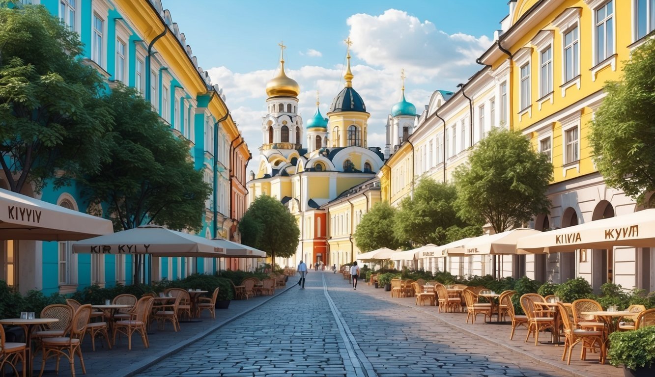 Cobblestone street with cafes, colorful buildings, and a church in the distance