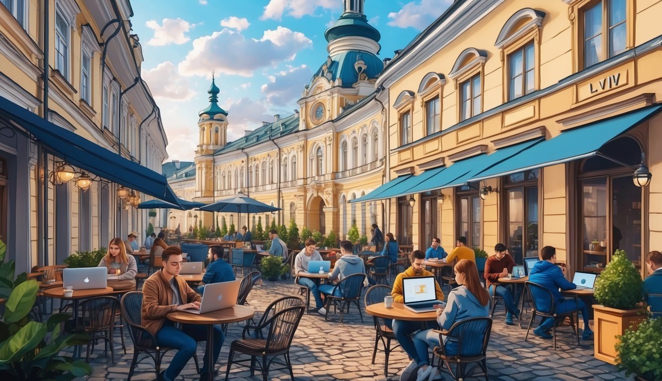 People working on laptops at outdoor cafe tables in a European city
