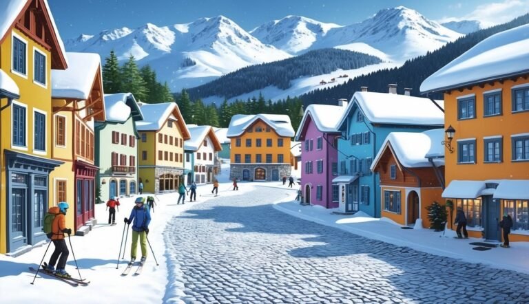 Colorful buildings line a snowy street with skiers, mountains in the background