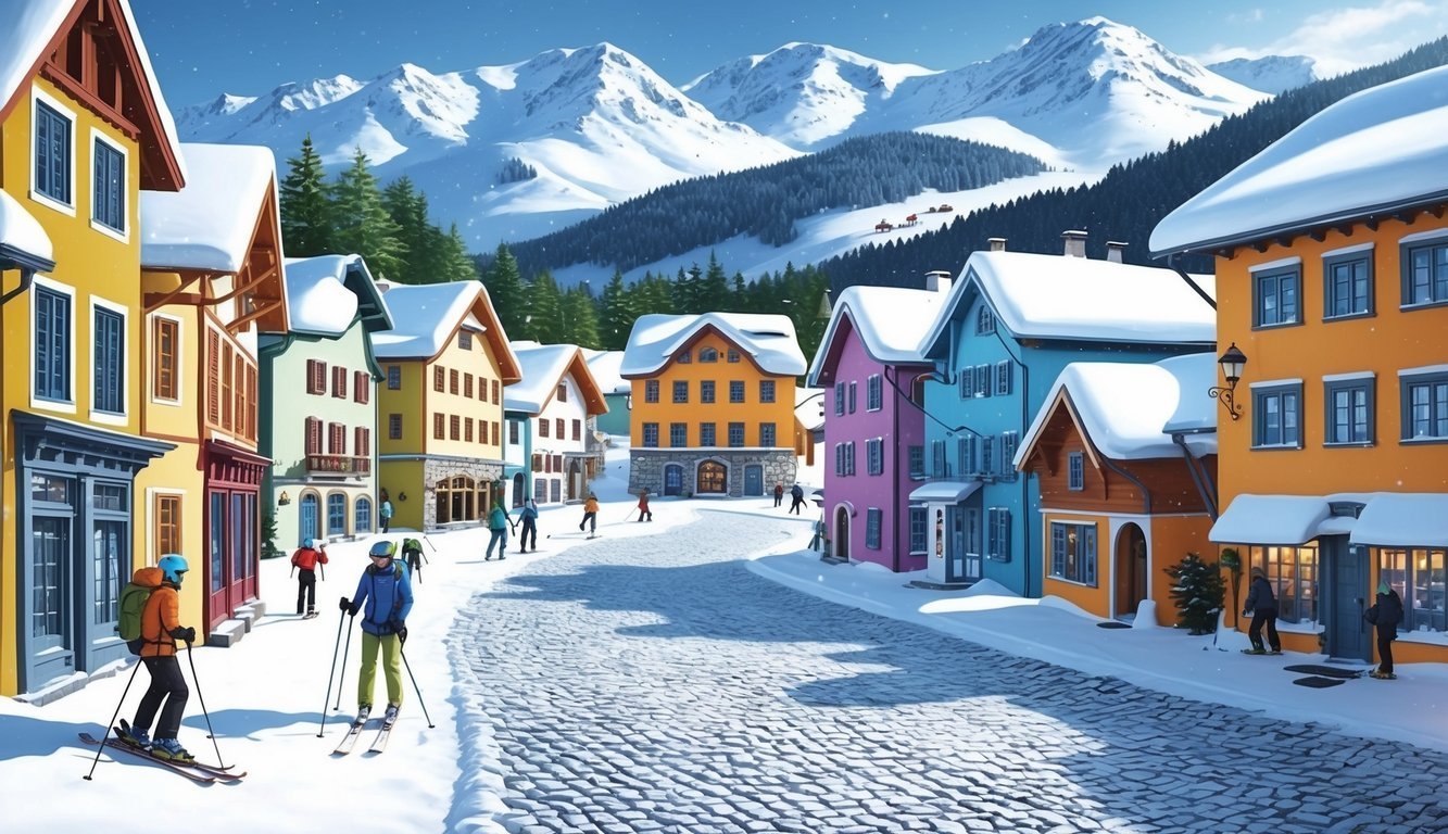 Colorful buildings line a snowy street with skiers, mountains in the background