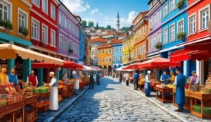 Colorful street market with vendors, cobblestone road, and minaret in the distance