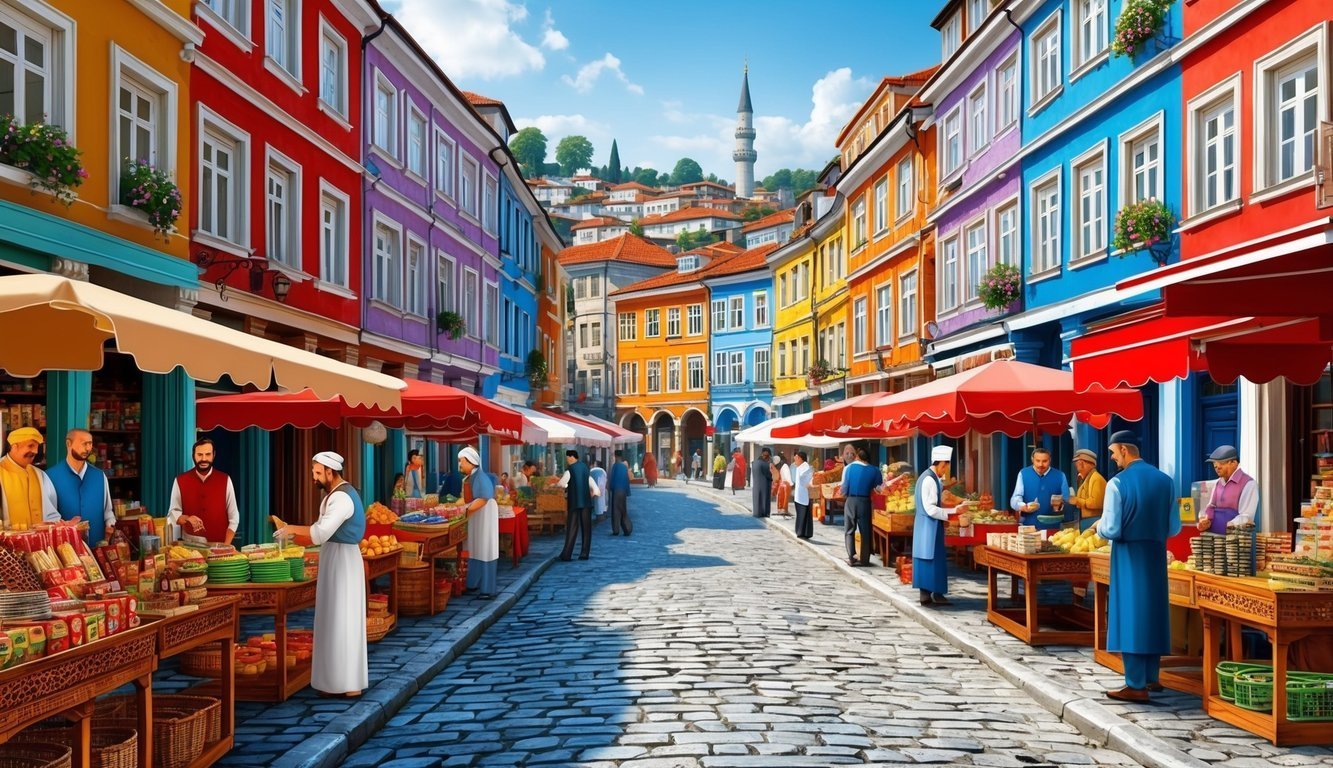 Colorful street market with vendors, cobblestone road, and minaret in the distance